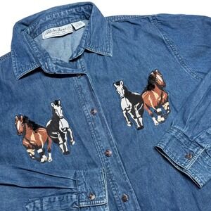 Vintage Adobe Rose Denim Button Down Blue Horse Embroidered Western Womens XL